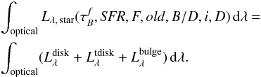 \appendix \setcounter{section}{4} \begin{eqnarray} &&\int_{\rm optical}L_{\rm \lambda,\,star}(\tau^f_B,{\it SFR},F,old,B/D,i,D)\,{\rm d}\lambda = \nonumber\\ &&\int_{\rm optical}( L^{\rm disk}_{\lambda} + L^{\rm tdisk}_{\lambda} + L^{\rm bulge}_{\lambda})\,{\rm d}\lambda. \end{eqnarray}
