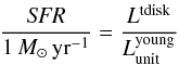 \begin{eqnarray} \label{eq:sfr} \frac{{\it SFR}}{1\,{M}_{\odot}\,{\rm yr^{-1}}} = \frac{L^{\rm tdisk}}{L^{\rm young}_{\rm unit}} \end{eqnarray}