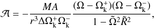 Mathematical equation: \begin{equation} {\cal A}=-\frac{MA}{r^3\Delta\Omega_{\rm k}^+\Omega_{\rm k}^-}\frac{(\Omega-\Omega_{\rm k}^+)(\Omega-\Omega_{\rm k}^-)}{1-\tilde\Omega^2\tilde R^2}, \label{eq_rad4} \end{equation}