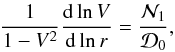 Mathematical equation: \begin{equation} \frac{1}{1-V^2}\der{\ln V}{\ln r}=\frac{\cal N_{\rm 1}}{\cal D_{\rm 0}}, \label{eq_derV} \end{equation}