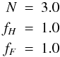Mathematical equation: \begin{eqnarray} \nonumber\label{poli.param} N&=&3.0\\ f_H&=&1.0\\\nonumber f_F&=&1.0 \end{eqnarray}