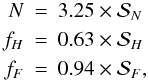 Mathematical equation: \begin{eqnarray} \nonumber \label{poli.fit} N&=&3.25\times{\cal S}_N\\ f_H&=&0.63\times{\cal S}_H\\\nonumber f_F&=&0.94\times{\cal S}_F, \end{eqnarray}