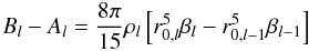 Mathematical equation: \begin{equation} B_l-A_l = \frac{8\pi}{15}\rho_l\left[r_{0,l}^5\beta_l-r_{0,l-1}^5\beta_{l-1}\right] \label{momentdifffinal} \end{equation}