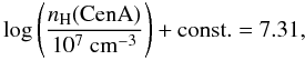 $$ \log\left(\frac{n_{\rm H}({\rm Cen A})}{10^7~{\rm cm}^{-3}}\right)+{\rm const.}=7.31, $$