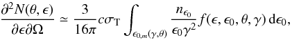\begin{equation} \frac{\partial^2 N(\theta,\epsilon)}{\partial\epsilon\partial\Omega}\simeq \frac{3}{16\pi}c\sigma_\mathrm{T} \int_{\epsilon_{0,m}(\gamma,\theta)} \frac{n_{\epsilon_0}}{\epsilon_0\gamma^2} f(\epsilon,\epsilon_0,\theta,\gamma) \mathrm{\,d}\epsilon_0, \end{equation}