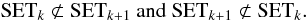 \begin{equation} {\rm SET}_k \not\subset {\rm SET}_{k+1} \ \mathrm{and} \ {\rm SET}_{k+1} \not\subset {\rm SET}_k. \end{equation}
