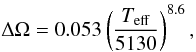 \begin{equation} \Delta\Omega = 0.053\left(\frac{T_{\rm eff}}{5130}\right)^{8.6}, \end{equation}
