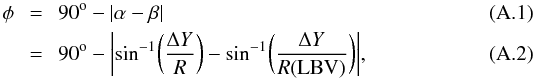 Mathematical equation: \appendix \setcounter{section}{1} \begin{eqnarray} \phi~&=&~90^{\rm o} - |{\mathbf \alpha-\beta}| \\ &=&~90^{\rm o} - \biggl|{\mathbf \sin^{-1}}{\biggl(\frac{\Delta Y}{R}\biggr)}-{\mathbf \sin^{-1}}{\biggl(\frac{\Delta Y}{R({\rm LBV})}}\biggr)\biggr|, \end{eqnarray}