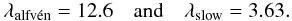 \begin{eqnarray*} \lambda_{\rm{alfv{\acute{e}}n}} = 12.6\quad {\rm{and}}\quad \lambda_{\rm{slow}} = 3.63 . \end{eqnarray*}