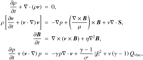 \begin{eqnarray} {\partial \rho\over \partial t} + \nabla \cdot \left (\rho {\vec{v}}\right ) &=& 0 ,\nonumber \\ \rho \left[ {\partial {\vec{v}}\over \partial t} + \left( {\vec{v}}\cdot\nabla \right) {\vec{v}} \right] &=& - \nabla p + \left( {{\frac{ \nabla \times {\vec{B}} }{\mu}}} \right)\times {\vec{B}} + \nu \nabla \cdot {\bf{S}} ,\nonumber \\ {\partial {\vec{B}}\over \partial t} &=& \nabla \times \left ({\vec{v}}\times {\vec{B}}\right ) + \eta \nabla ^2 {\vec{B}} , \nonumber \\ {\partial {p}\over \partial t} + \left( {\vec{v}}\cdot\nabla \right) p &=& - \gamma p \nabla \cdot {\vec{v}} + {{\frac{\gamma -1}{\sigma}}} \left| {\vec{j}} \right| ^2 + \nu \left(\gamma -1 \right) Q_{\rm visc} , \label{MHDequations} \end{eqnarray}