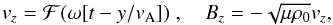 \begin{equation} {{{v}}_z} = {\mathcal{F}}(\omega [t - y/{{v}}_{\rm A}])\;, \quad B_z = -\sqrt{\mu \rho_0} {{{v}}_z} , \label{eq:linearAlfven} \end{equation}