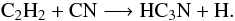\begin{equation} \indent \mathrm{C}_2\mathrm{H}_2 + \mathrm{CN} \longrightarrow \mathrm{HC}_3\mathrm{N} + \mathrm{H}. \end{equation}