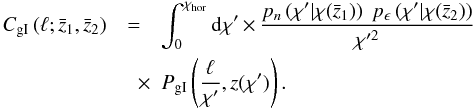 \begin{eqnarray} \label{eq:gIlimber} C_{\rm gI} \br{\ell; \bar{z}_1, \bar{z}_2} &=& \int_0^{\chi_{\rm hor}} \dd \chi'\; \! \!\times\! \! \; \frac{p_n \br{\chi' | \chi(\bar{z}_1)}\; p_\epsilon \br{\chi' | \chi(\bar{z}_2)}}{\chi'^2}\nonumber\\ &\quad \times & P_{\rm gI}\br{\frac{\ell}{\chi'},z(\chi')}. \end{eqnarray}