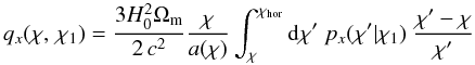 \begin{equation} \label{eq:weightlensing} q_x(\chi,\, \chi_1) = \frac{3 H_0^2 \Omega_{\rm m}}{2\, c^2} \frac{\chi}{a(\chi)} \int_{\chi}^{\chi_{\rm hor}} \dd \chi'\; p_x(\chi' | \chi_1)\; \frac{\chi' - \chi}{\chi'} \end{equation}