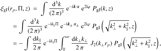 \appendix \setcounter{section}{1} \begin{eqnarray} \label{eq:xigicalc} \xi_{\rm gI} (r_p,\Pi,z) &=& \int \frac{\dd^3 k}{(2\,\pi)^3} \expo{- \ic \svek{k} \cdot \svek{x} } \expo{2\ic \varphi}\; P_{\rm gI} (k,z)\\ \nn && \hspace*{-1.5cm} = \int \frac{\dd^3 k}{(2\,\pi)^3} \expo{- \ic k_\parallel \Pi } \expo{- \ic \svek{k_\perp} \cdot \svek{x_\perp} } \expo{2\ic \varphi}\; P_{\rm gI} \br{\sqrt{k_\perp^2 + k_\parallel^2},z}\\ \nn && \hspace*{-1.5cm} = - \int \frac{\dd k_\parallel}{2\,\pi} \expo{- \ic k_\parallel \Pi} \int_0^\infty \frac{\dd k_\perp k_\perp}{2\,\pi}\; J_2(k_\perp r_p)\; P_{\rm gI}\br{\sqrt{k_\perp^2 + k_\parallel^2},z}, \end{eqnarray}