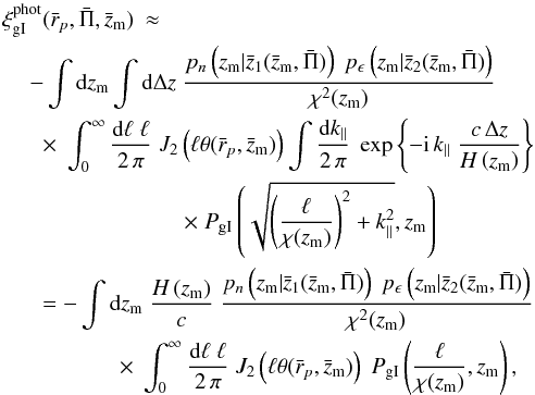 \appendix \setcounter{section}{1} \begin{eqnarray} \label{eq:xitoP2} \xi_{\rm gI}^{\rm phot} (\bar{r}_p,\bar{\Pi},\bar{z}_{\rm m}) &\approx&\\ \nn && \hspace*{-2.2cm} - \int \dd z_{\rm m} \int \dd \Delta z\; \frac{p_n \br{z_{\rm m} | \bar{z}_1(\bar{z}_{\rm m},\bar{\Pi})}\; p_\epsilon \br{z_{\rm m} | \bar{z}_2(\bar{z}_{\rm m},\bar{\Pi})}}{\chi^2(z_{\rm m})}\\ \nn && \hspace*{-2cm} \times\; \int_0^\infty \frac{\dd \ell\; \ell}{2\,\pi}\; J_2\br{\ell \theta(\bar{r}_p,\bar{z}_{\rm m})} \int \frac{\dd k_\parallel}{2\,\pi}\; \exp \bc{- \ic\, k_\parallel\; \frac{c\,\Delta z}{H\br{z_{\rm m}} }} \\ \nn && \hspace*{0.2cm} \times\; P_{\rm gI}\br{\sqrt{\br{\frac{\ell}{\chi(z_{\rm m})}}^2 + k_\parallel^2},z_{\rm m}}\;\\ \nn && \hspace*{-2cm} = - \int \dd z_{\rm m}\; \frac{H\br{z_{\rm m}}}{c}\; \frac{p_n \br{z_{\rm m} | \bar{z}_1(\bar{z}_{\rm m},\bar{\Pi})}\; p_\epsilon \br{z_{\rm m} | \bar{z}_2(\bar{z}_{\rm m},\bar{\Pi})}}{\chi^2(z_{\rm m})}\\ \nn && \hspace*{-0.8cm} \times\; \int_0^\infty \frac{\dd \ell\; \ell}{2\,\pi}\; J_2\br{\ell \theta(\bar{r}_p,\bar{z}_{\rm m})}\; P_{\rm gI}\br{\frac{\ell}{\chi(z_{\rm m})},z_{\rm m}}, \end{eqnarray}