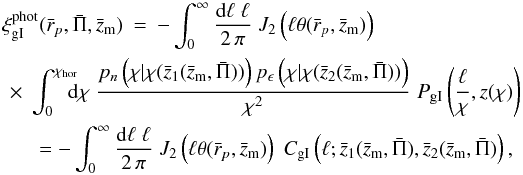 \appendix \setcounter{section}{1} \begin{eqnarray} \label{eq:xitoP3} \xi_{\rm gI}^{\rm phot} (\bar{r}_p,\bar{\Pi},\bar{z}_{\rm m}) &=& - \int_0^\infty \frac{\dd \ell\; \ell}{2\,\pi}\; J_2\br{\ell \theta(\bar{r}_p,\bar{z}_{\rm m})}\\ \nn && \hspace*{-2.5cm} \times\; \int_0^{\chi_{\rm hor}} \!\!\!\! \dd \chi\; \frac{p_n \br{\chi | \chi(\bar{z}_1(\bar{z}_{\rm m},\bar{\Pi}))} p_\epsilon \br{\chi | \chi(\bar{z}_2(\bar{z}_{\rm m},\bar{\Pi}))}}{\chi^2}\; P_{\rm gI}\br{\frac{\ell}{\chi},z(\chi)}\;\\ \nn &&\hspace*{-2.0cm} = - \int_0^\infty \frac{\dd \ell\; \ell}{2\,\pi}\; J_2\br{\ell \theta(\bar{r}_p,\bar{z}_{\rm m})}\; C_{\rm gI} \br{\ell; \bar{z}_1(\bar{z}_{\rm m},\bar{\Pi}), \bar{z}_2(\bar{z}_{\rm m},\bar{\Pi})}, \end{eqnarray}