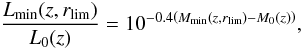 \appendix \setcounter{section}{3} \begin{equation} \label{eq:lmin} \frac{L_{\rm min}(z,r_{\rm lim})}{L_0(z)} = 10^{-0.4 \br{M_{\rm min}(z,r_{\rm lim})-M_0(z)}}, \end{equation}