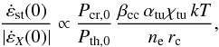 \begin{equation} \frac{\dot{\eps}_\rmn{st}(0)}{|\dot{\eps}_X(0)|} \propto \frac{P_\rmn{cr,0}}{P_\rmn{th,0}}\, \frac{\beta_\rmn{cc}\,\alpha_\rmn{tu}\chi_\rmn{tu}\, kT}{n_\rmn{e}\,r_\rmn{c}}, \end{equation}