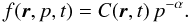 \begin{equation} \label{eq:CRspec} f(\vec{r},p,t) = C(\vec{r},t)\, p^{-\alpha}. \end{equation}