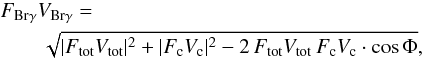 \begin{eqnarray} \label{eq_brgvis1} & & F_{{\rm Br}\gamma}V_{{\rm Br}\gamma} = \nonumber \\ & & \qquad \sqrt{ |F_{\rm tot}V_{\rm tot}|^2 + |F_{\rm c}V_{\rm c}|^2 - 2\,F_{\rm tot}V_{\rm tot}\,F_{\rm c}V_{\rm c}\cdot \cos{\Phi} }, \end{eqnarray}