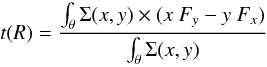 Mathematical equation: $$ t(R) = \frac{\int_\theta \Sigma(x,y)\times(x~F_y -y~F_x)}{\int_\theta \Sigma(x,y)} $$