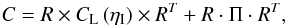 \appendix \setcounter{section}{1} \begin{equation} C = R \times C_{\rm L}\left(\eta_{\rm I}\right) \times R^T + R \cdot \Pi \cdot R^T, \label{C-int} \end{equation}