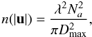 \begin{equation} n(|\bu|)=\frac{\lambda^2 N_a^2}{\pi D_{\rm max}^2}, \end{equation}