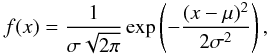 Mathematical equation: \begin{eqnarray} \label{fit} f(x)=\frac{1}{\sigma \sqrt{2\pi}} \exp\left(-\frac{(x-\mu)^2}{2\sigma^2}\right), \end{eqnarray}