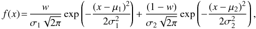 Mathematical equation: \begin{eqnarray} \label{fit2} f(x)\!=\!\frac{w}{\sigma_1 \sqrt{2\pi}} \exp\left(-\frac{(x-\mu_1)^2}{2\sigma_1^2}\!\right) + \frac{(1-w)}{\sigma_2 \sqrt{2\pi}} \exp\left(-\frac{(x-\mu_2)^2}{2\sigma_2^2}\right),\, \end{eqnarray}