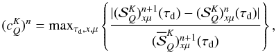 \begin{equation} (c^K_Q)^n = {\rm max}_{\tau_{\rm d},x,\mu} \left\{ { |({\mathcal S}^K_Q)^{n+1}_{x\mu}(\tau_{\rm d})-({\mathcal S}^K_Q)^{n}_{x\mu}(\tau_{\rm d})| \over (\overline{{\mathcal S}}^K_Q)^{n+1}_{x\mu}(\tau_{\rm d})} \right\}, \label{mrc} \end{equation}