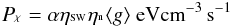 Mathematical equation: \begin{equation} P_{^\chi} = \alpha\eta_{^{\rm SW}}\eta_{^{\rm n}}\langle g \rangle\ {\rm eV cm}{^{-3}}\,{\rm s}{^{-1}} \label{eqnemiss} \end{equation}