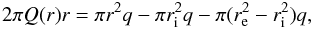 Mathematical equation: \begin{equation} \label{equ: Effort tranchant zone externe} 2 \pi Q(r) r = \pi r^2 q - \pi r_{\rm i}^2 q -\pi(r_{\rm e}^2-r_{\rm i}^2)q, \end{equation}