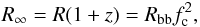 Mathematical equation: \begin{equation} \label{eq:rinf} R_{\infty}= R(1+z) = R_{\rm bb} \fcol^2, \end{equation}