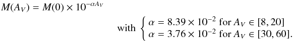 Mathematical equation: \begin{eqnarray} \label{eq.beta} M(A_V) = M(0) \times 10^{-\alpha A_V} \\ &&\mbox{ with } \left\{ \begin{array}{l} \alpha = 8.39\times 10^{-2} \mbox { for } A_V \in [8,20]\\ \alpha = 3.76\times 10^{-2} \mbox { for } A_V \in [30,60]. \end{array} \right.\nonumber \end{eqnarray}