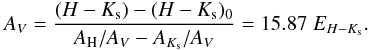 Mathematical equation: \begin{eqnarray*} A_V = \frac{(H-K_{\rm s})-(H-K_{\rm s})_0}{A_{\rm H}/A_V - A_{K_{\rm s}}/A_V} = 15.87 \; E_{H-K_{\rm s}}. \end{eqnarray*}