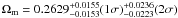 Mathematical equation: $\Omega_{\rm m}=0.2629_{-0.0153}^{+0.0155}(1\sigma)_{-0.0223}^{+0.0236}(2\sigma)$