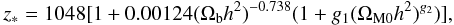 Mathematical equation: \begin{equation} z_{\ast}=1048[1+0.00124(\Omega_{\rm b}h^2)^{-0.738}(1+g_{1}(\Omega_{{\rm M0}}h^2)^{g_2})], \end{equation}