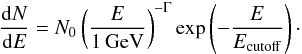Mathematical equation: \begin{equation} \frac{\mathrm{d}N}{\mathrm{d}E}=N_0\left(\frac{E}{1\,\mathrm{GeV}}\right)^{-\Gamma}\mathrm{exp}\left( - \frac{E}{E_{\rm cutoff}} \right)\cdot \end{equation}