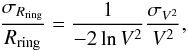 Mathematical equation: $$ \frac{\sigma_{\Rring}}{\Rring} = \frac{1}{-2 \ln V^2}\frac{\sigma_{V^2}}{V^2}, $$
