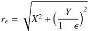 Mathematical equation: \begin{displaymath} r_{\epsilon}=\sqrt{X^2+{\Big(\frac{Y}{1-\epsilon}\Big)}^2} \end{displaymath}