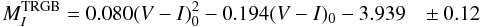 Mathematical equation: \begin{equation} \label{tipcal} M^{\rm TRGB}_I = 0.080(V-I)_0^2-0.194(V-I)_0 -3.939 ~~~\pm 0.12 \end{equation}