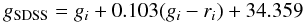 Mathematical equation: \begin{equation} \label{calibg} g_{\rm SDSS} = g_i +0.103(g_i-r_i) +34.359 \end{equation}