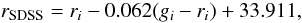 Mathematical equation: \begin{equation} \label{calibr} r_{\rm SDSS} = r_i -0.062(g_i-r_i) +33.911, \end{equation}