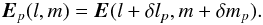\begin{equation} \label{eq:mispointing} \jones{E}{p}(l,m) = \jones{E}{}(l+\delta l_p,m+\delta m_p). \end{equation}