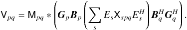 Mathematical equation: \begin{equation} \label{eq:3C 147:bandpass} \coh{V}{pq} = \coh{M}{pq} \ast \left ( \jones{G}{p} \jones{B}{p} \left( \sum_s E_s \coh{X}{spq} E^{\herm}_s \right) \jonesT{B}{q} \jonesT{G}{q} \right ). \end{equation}