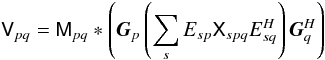 Mathematical equation: \begin{equation} \label{eq:3C 147:pointing} \coh{V}{pq} = \coh{M}{pq} \ast \left ( \jones{G}{p} \left( \sum_s E_{sp} \coh{X}{spq} E^{\herm}_{sq} \right) \jonesT{G}{q} \right ) \end{equation}