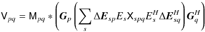 Mathematical equation: \begin{equation} \label{eq:3C 147:de} \coh{V}{pq} = \coh{M}{pq} \ast \left ( \jones{G}{p} \left( \sum_s \Delta\jones{E}{sp} E_s \coh{X}{spq} E^{\herm}_s \Delta\jonesT{E}{sq} \right) \jonesT{G}{q} \right ) \end{equation}