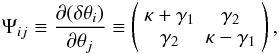 Mathematical equation: \begin{equation} \Psi_{ij} \equiv \frac{\partial (\delta \theta_i)}{\partial \theta_j}\equiv \left( \begin{array}{cc} \kappa +\gamma_1 & \gamma_2 \\ \gamma_2 & \kappa -\gamma_1\end{array} \right), \end{equation}