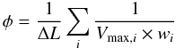 Mathematical equation: \begin{equation} \label{eq:sfr lir} \phi = \frac{1}{\Delta L}\sum_{i}\frac{1}{V_{{\rm max},i}\times w_{i}} \end{equation}